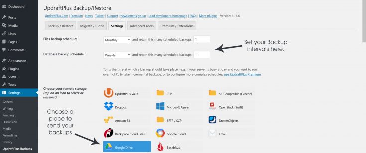 Updraftplus backup settings